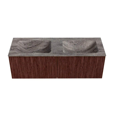 MONDIAZ KURVE-DLUX Meuble de salle de bains 130cm couleur Ruby avec 2 tiroirs et 0 porte. Lavabo LEAF Double 2 trous de robinet Oza.