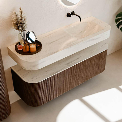 MONDIAZ THOR-DLUX 140cm meuble de salle de bains arrondi gauche + droite couleur Walnut avec 1 tiroir et 2 portes. Vasque suspendue CLOUD Droite sans trou de robinet couleur Meli.