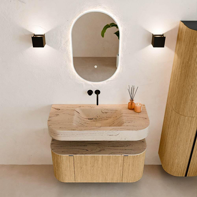 MONDIAZ THOR-DLUX 100cm badmeubel ronding links + rechts kleur Oak met 1 lade en 2 deuren. Vrijhangende wastafel CLOUD Midden zonder kraangat kleur Arena.