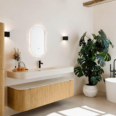 MONDIAZ THOR-DLUX 160cm meuble de salle de bains arrondi gauche + droite couleur Oak avec 1 tiroir et 2 portes. Vasque suspendue CLOUD Milieu 1 trou de robinet couleur Meli.