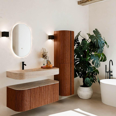 MONDIAZ THOR-DLUX Meuble de salle de bains 110cm arrondi gauche + droite couleur Ruby avec 1 tiroir et 2 portes. Vasque suspendue CLOUD Gauche 1 trou de robinet couleur Saba.