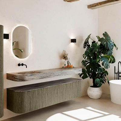 MONDIAZ THOR-DLUX Meuble de salle de bains - 190cm - arrondi gauche + droite - couleur Shadow - 2 tiroirs - 2 portes - Vasque suspendue CLOUD Gauche sans trou de robinet - couleur Oza