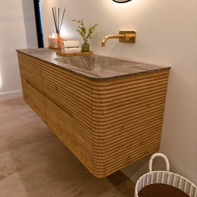 Mondiaz CIRO-DLUX Meuble de salle de bains - 140x45x50cm - Plan vasque solid surface Oza - 1 lavabo à droite - sans trous de robinet - 4 tiroirs - Chêne