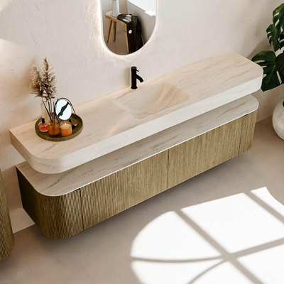 MONDIAZ THOR-DLUX 200cm meuble de salle de bains arrondi gauche + droite couleur Dusk avec 2 tiroirs et 2 portes. Vasque suspendue CLOUD Milieu 1 trou de robinet couleur Meli.