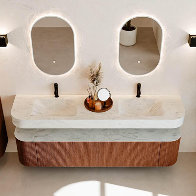 MONDIAZ THOR-DLUX Meuble de salle de bains 190cm arrondi gauche + droite couleur Ruby avec 2 tiroirs et 2 portes. Vasque suspendue CLOUD Double 2 trous de robinet couleur Opalo.