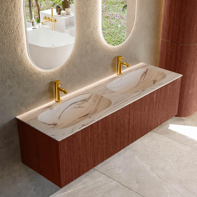 MONDIAZ KURVE-DLUX 150cm badmeubel kleur Ruby met 2 lades en 0 deuren. Wastafel STOR SMALL Dubbel 2 kraangaten Nata.