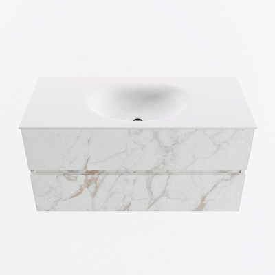 Mondiaz VICA ensemble de meuble de salle de bain - 100cm - meuble sous-vasque carrara - 2 tiroirs - lavabo moon milieu - sans trous de robinet - version haute de 60cm - talc