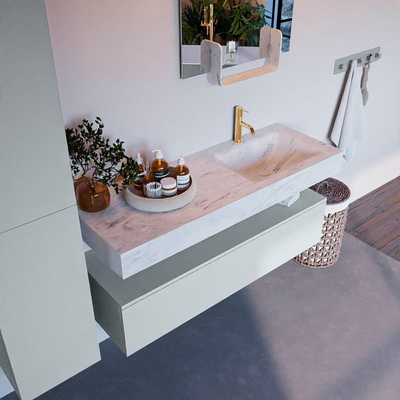 Mondiaz ALAN-DLUX Ensemble de meuble - 130cm - meuble Clay mat - 1 tiroir - Lavabo Cloud Opalo suspendu - vasque Droite - 1 trou de robinet