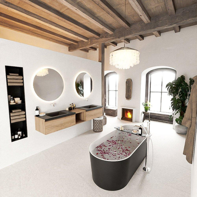 MONDIAZ BUKLA 200cm meuble de salle de bain avec module ouvert 40 couleur Chêne blanchi avec 2 tiroirs. Lavabo CLOUD double 0 trou de robinet couleur Urbain.