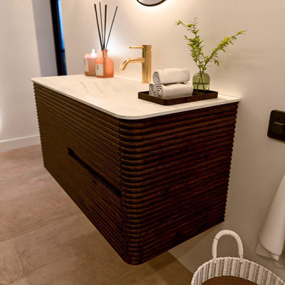 Mondiaz CIRO-DLUX Badkamermeubelset - 100x45x50cm - Solid surface wastafel Opalo - 1 wasbak Midden - 1 kraangat - 2 lades - Walnut
