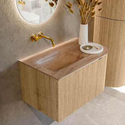 MONDIAZ KURVE-DLUX 75cm badmeubel ronding Rechts kleur Oak met 1 lade en 1 deur. Wastafel GRUNNE Links zonder kraangat Saba.