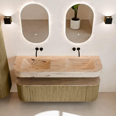 MONDIAZ THOR-DLUX 150cm meuble de salle de bains arrondi gauche + droite couleur Dusk avec 1 tiroir et 2 portes. Vasque suspendue CLOUD Double sans trou de robinet couleur Arena.