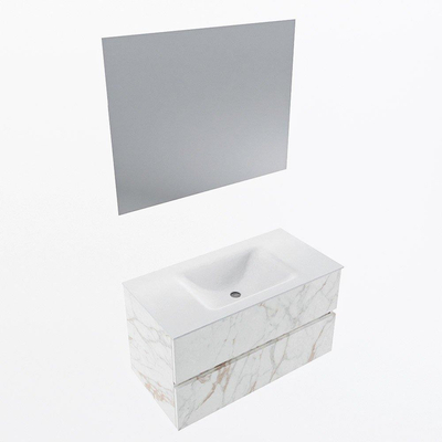 Mondiaz VICA ensemble de meuble de salle de bain - 90cm - meuble sous-vasque carrara - 2 tiroirs - lavabo cloud milieu - 1 trou de robinet - couleur talc - miroir LED - version XL 60cm haut