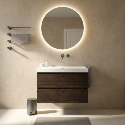 Saniclass Holz Pure Ensemble meuble de salle de bains - 100x45x67.5cm - lavabo Wave en céramique - 1 vasque - sans trou de robinetterie - 2 tiroirs - chêne charcoal mat (bois)