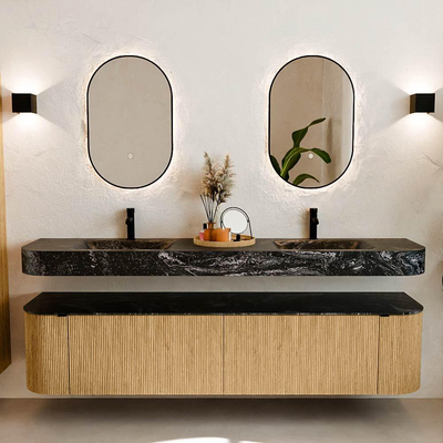 MONDIAZ THOR-DLUX 200cm meuble de salle de bains arrondi gauche + droite couleur Oak avec 2 tiroirs et 2 portes. Vasque suspendue CLOUD Double 2 trous de robinet couleur Lava.