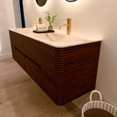 Mondiaz CIRO-DLUX Badkamermeubelset - 150x45x50cm - Solid surface wastafel Frappe - 2 wasbak Dubbel - 2 kraangaten - 4 lades - Ruby