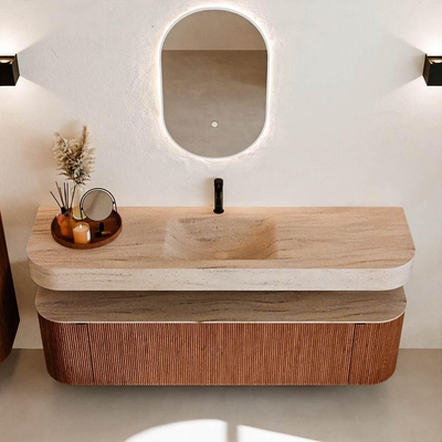 MONDIAZ THOR-DLUX 170cm meuble de salle de bains arrondi gauche + droite couleur Ruby avec 1 tiroir et 2 portes. Vasque suspendue CLOUD Milieu 1 trou de robinet couleur Saba.