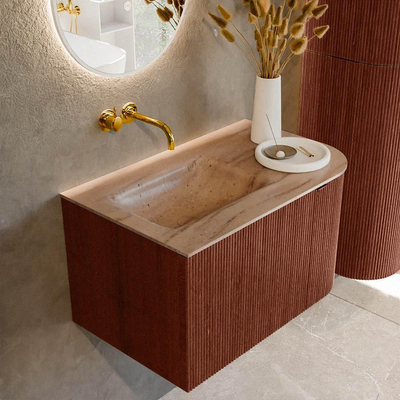 MONDIAZ KURVE-DLUX Meuble de salle de bains 75cm arrondi à droite couleur Ruby avec 1 tiroir et 1 porte. Lavabo GRUNNE à gauche sans trou de robinet Saba.