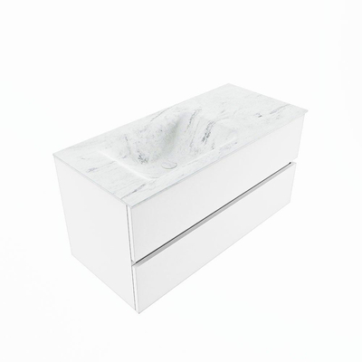 MONDIAZ VICA-DLUX Ensemble meuble de salle de bains - 100cm - meuble bas talc - 2 tiroirs - lavabo encastré cloud gauche - sans trous de robinet - version hauteur 60cm - opalo