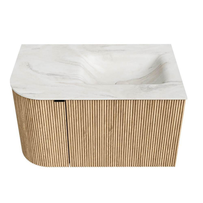 MONDIAZ KURVE-DLUX Meuble de salle de bains 75 cm avec module 25 L couleur Oak avec 1 tiroir et 1 porte. Lavabo GRUNNE à droite 1 trou de robinet couleur Ostra.