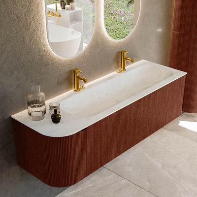 Mondiaz KURVE-DLUX Badkamermeubelset - 145x46x40cm - 1 lade - 1 deur - wastafel solid surface - rechts - 2 kraangaten - Ruby
