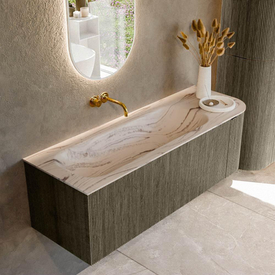 MONDIAZ KURVE-DLUX Meuble de salle de bains 135cm arrondi à droite couleur Shadow avec 1 tiroir et 1 porte. Lavabo BIG MEDIUM à gauche sans trou de robinet Nata.