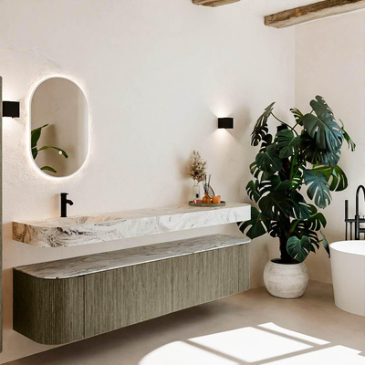 MONDIAZ THOR-DLUX 200cm meuble de salle de bains arrondi gauche + droite couleur Shadow avec 2 tiroirs et 2 portes. Vasque suspendue CLOUD Gauche 1 trou de robinet couleur Glace.