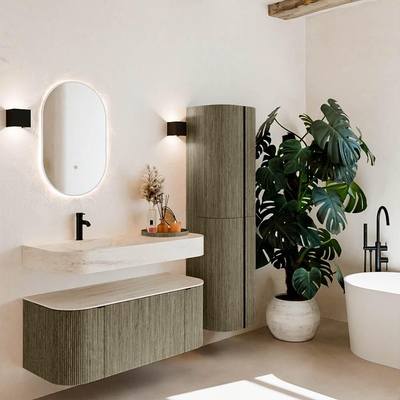 MONDIAZ THOR-DLUX Meuble de salle de bains 110cm arrondi gauche + droite couleur Shadow avec 1 tiroir et 2 portes. Vasque suspendue CLOUD Gauche 1 trou de robinet couleur Meli.