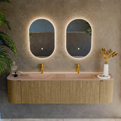 MONDIAZ KURVE-DLUX Meuble de salle de bains 180cm arrondi Gauche + Droite couleur Dusk avec 2 tiroirs et 2 portes. Lavabo LEAF Double 2 trous de robinet Saba.