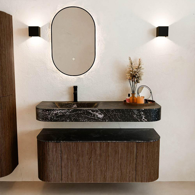 MONDIAZ THOR-DLUX 120cm badmeubel ronding links + rechts kleur Walnut met 1 lade en 2 deuren. Vrijhangende wastafel CLOUD Links 1 kraangat kleur Lava.