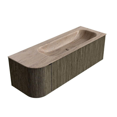 MONDIAZ KURVE-DLUX Meuble de salle de bains 135cm arrondi à gauche couleur Shadow avec 1 tiroir et 1 porte. Lavabo BIG MEDIUM à droite sans trou de robinet Saba.
