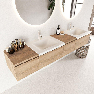 Mondiaz BUKLA badkamermeubelset 200x45x34cm 2 kraangaten 2 wasbakken solid surface Talc greeploos 4 lades met softclose Melamine Washed Oak