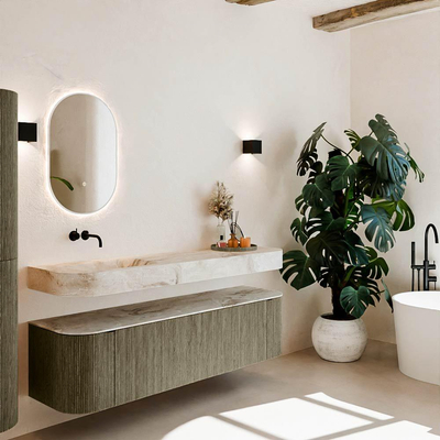 MONDIAZ THOR-DLUX 170cm meuble de salle de bains arrondi gauche + droite couleur Shadow avec 1 tiroir et 2 portes. Vasque suspendue CLOUD Gauche sans trou de robinet couleur Frappe.