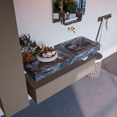 Mondiaz ALAN-DLUX Ensemble de meuble - 130cm - meuble Smoke mat - 1 tiroir - Lavabo Cloud Lava suspendu - vasque droite - 0 trous de robinet
