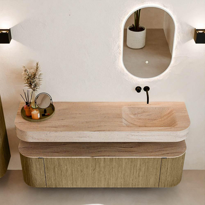 MONDIAZ THOR-DLUX 160cm meuble de salle de bains arrondi gauche + droite couleur Dusk avec 1 tiroir et 2 portes. Vasque suspendue CLOUD Droite sans trou de robinet couleur Saba.