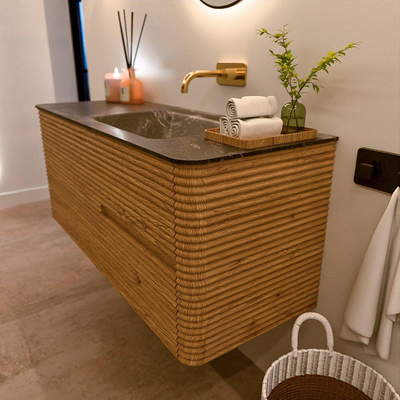 Mondiaz CIRO-DLUX Badkamermeubelset - 120x45x50cm - Solid surface wastafel Lava - 1 wasbak Rechts - zonder kraangaten - 2 lades - Oak