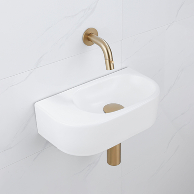 QeramiQ Fuente Ensemble de Lavabo - 40x21.5x12cm - lisse - demi-rond - céramique - ensemble de robinet en laiton brossé - bouchon de vidange - siphon abaissé - blanc mat