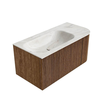 MONDIAZ KURVE-DLUX 95cm Meuble salle de bain avec module 25 D - couleur Walnut - 1 tiroir - 1 porte - vasque BIG SMALL gauche - sans trou de robinet - couleur Ostra