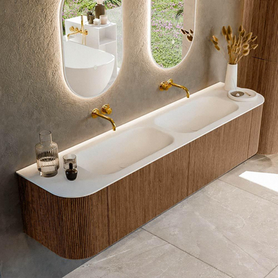 MONDIAZ KURVE 190cm Meuble salle de bain avec module 25 G et D - couleur Walnut - 2 tiroirs - 2 portes - vasque BIG SMALL double - sans trous de robinet - Talc