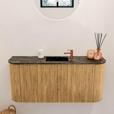 Mondiaz JOYA-DLUX 93.2cm toiletmeubel - ronding links en rechts kleur Oak - Wastafel FAYE positie Midden 1 kraangat kleur Lava.