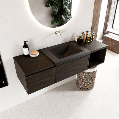 MONDIAZ BUKLA Meuble de salle de bains 140 cm avec module ouvert 40 à droite couleur Dark Brown avec 2 tiroirs. Lavabo CLOUD à droite 0 trou de robinet couleur Urban.