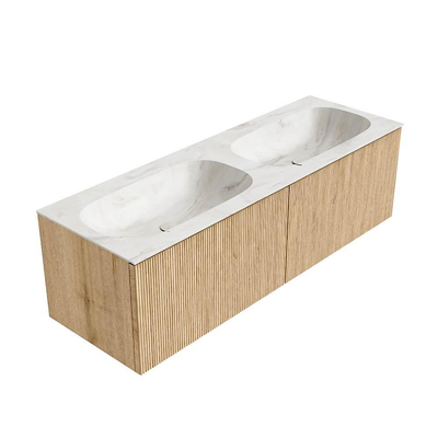 MONDIAZ KURVE-DLUX 140cm Meuble salle de bain - couleur Oak - 2 tiroirs - vasque STOR SMALL double - 2 trous de robinet - couleur Ostra