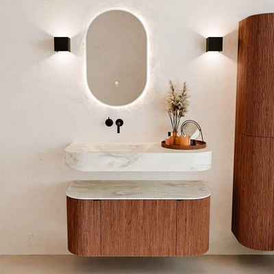 MONDIAZ THOR-DLUX 100cm meuble de salle de bains arrondi gauche + droite couleur Ruby avec 1 tiroir et 2 portes. Vasque suspendue CLOUD gauche sans trou de robinet couleur Ostra.