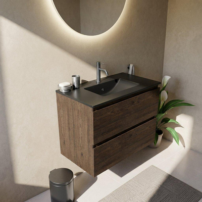 Saniclass Holz Pure Ensemble meuble de salle de bains - 80x45x62cm - Vasque Vygo en céramique noire - 1 vasque - 1 trou de robinetterie - 2 tiroirs - chêne charcoal mat (bois)