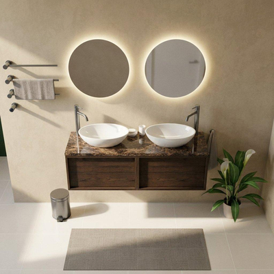 Saniclass Holz Frame Ensemble de meubles de salle de bains - 140x45x43cm - Plan en pierre naturelle Noche dark emperador - 2 trous de robinetterie - 2 tiroirs - chêne charcoal mat (bois)