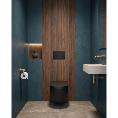 QeramiQ Dely Toiletset - 36.3x51.7cm - diepspoel - rimless - Geberit UP320 inbouwreservoir - softclose toilet zitting - 35mm - kunstof mat zwarte bedieningsplaat - rechthoekige knoppen - mat zwart