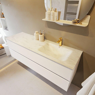 Mondiaz VICA-DLUX Ensemble de meuble de salle de bain - 150cm - meuble sous-vasque talc - 2 tiroirs - lavabo encastré cloud droite - 1 trou de robinet - version haute de 60cm - opalo