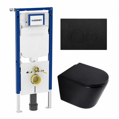 QeramiQ Dely Toiletset - 36.3x51.7cm - diepspoel - rimless - Geberit UP720 inbouwreservoir - softclose toilet zitting - 35mm - metaal mat zwarte bedieningsplaat - ronde knoppen - mat zwart