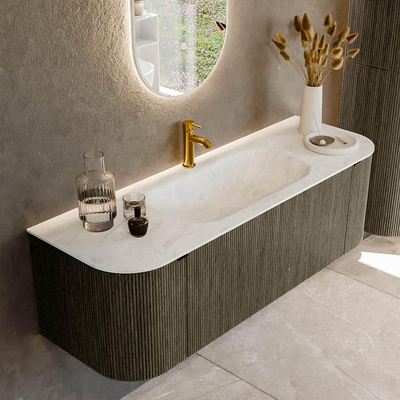 Ensemble de meuble de salle de bain Mondiaz KURVE-DLUX - 140x46x40cm - 1 tiroir - 2 portes - lavabo en solid surface - milieu - 1 trou de robinet - Shadow