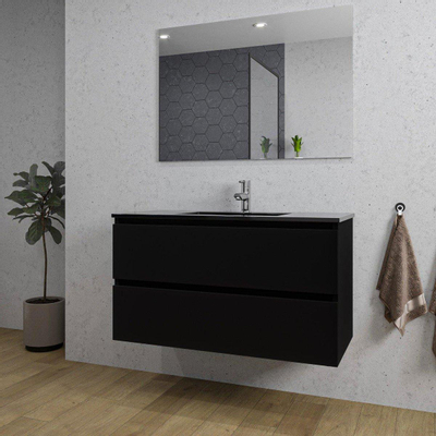 Saniclass Chaci Meuble de salle de bain - 100x45x55cm - lavabo en céramique noir mat - 1 vasque - 1 trou de robinet - 2 tiroirs - noir mat